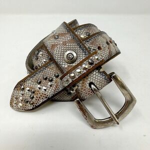 B. Belt 1.25" Studded Snake Embossed Leather Belt Cream Style BB0374 Size 95